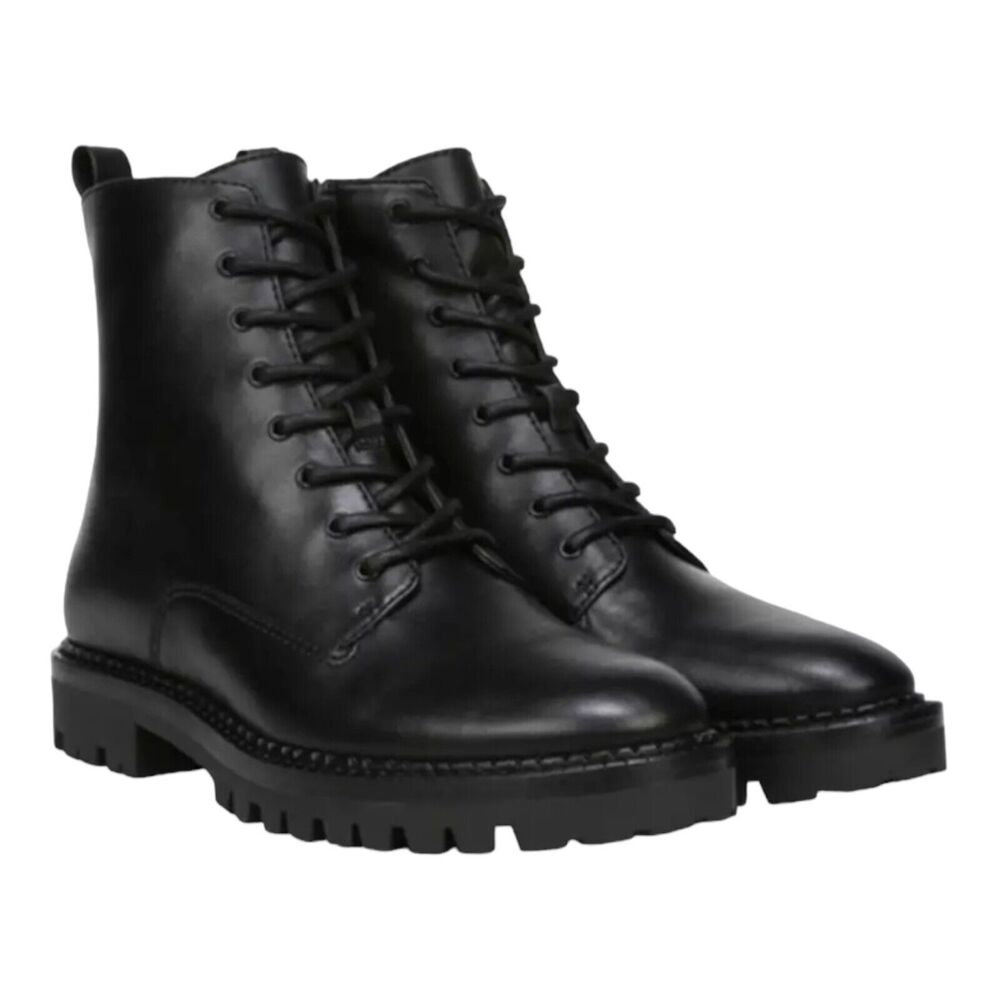 Vince Cabria Lug Combat Boots Leather Zip Lace Up Ankle Booties Black 8.5 NWOB